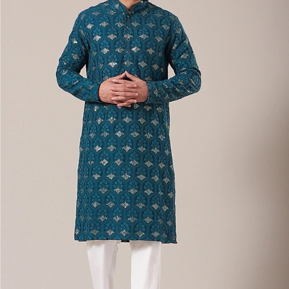 Men’s Teal Patterned Kurta